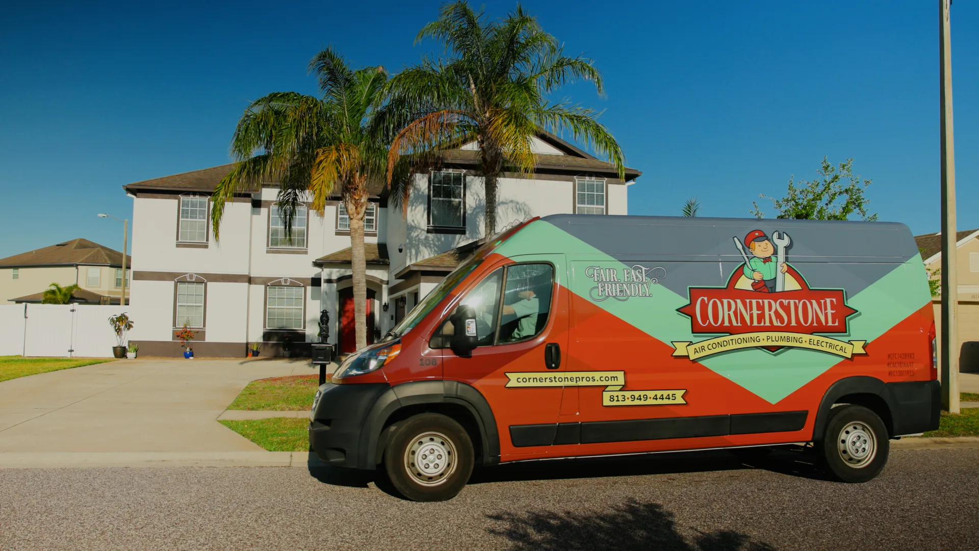 Cornerstone Pros service van in a Tampa Bay neighborhood